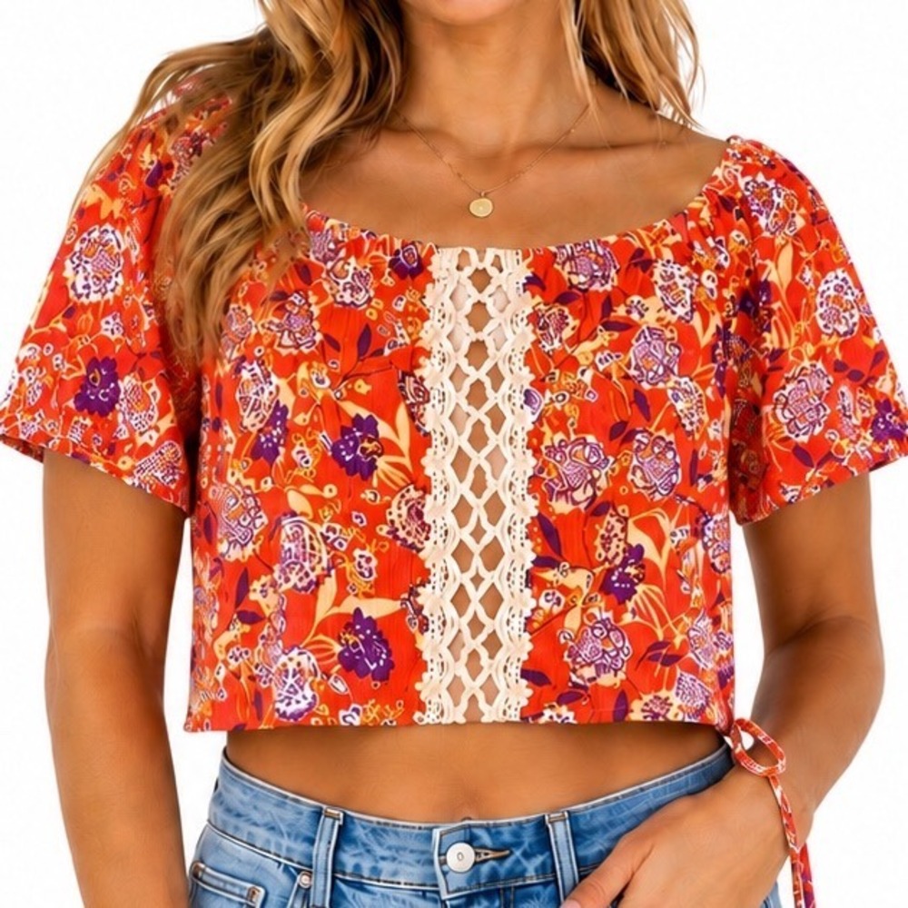 Miss Me Floral Boho Top Large Orange White Crochet Flutter Sleeve Crop Summer
